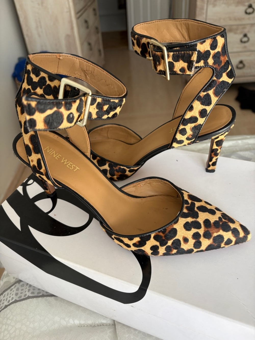 Nine West Leopard-Print Pointed Ankle-Strap Pumps in Tan and Black